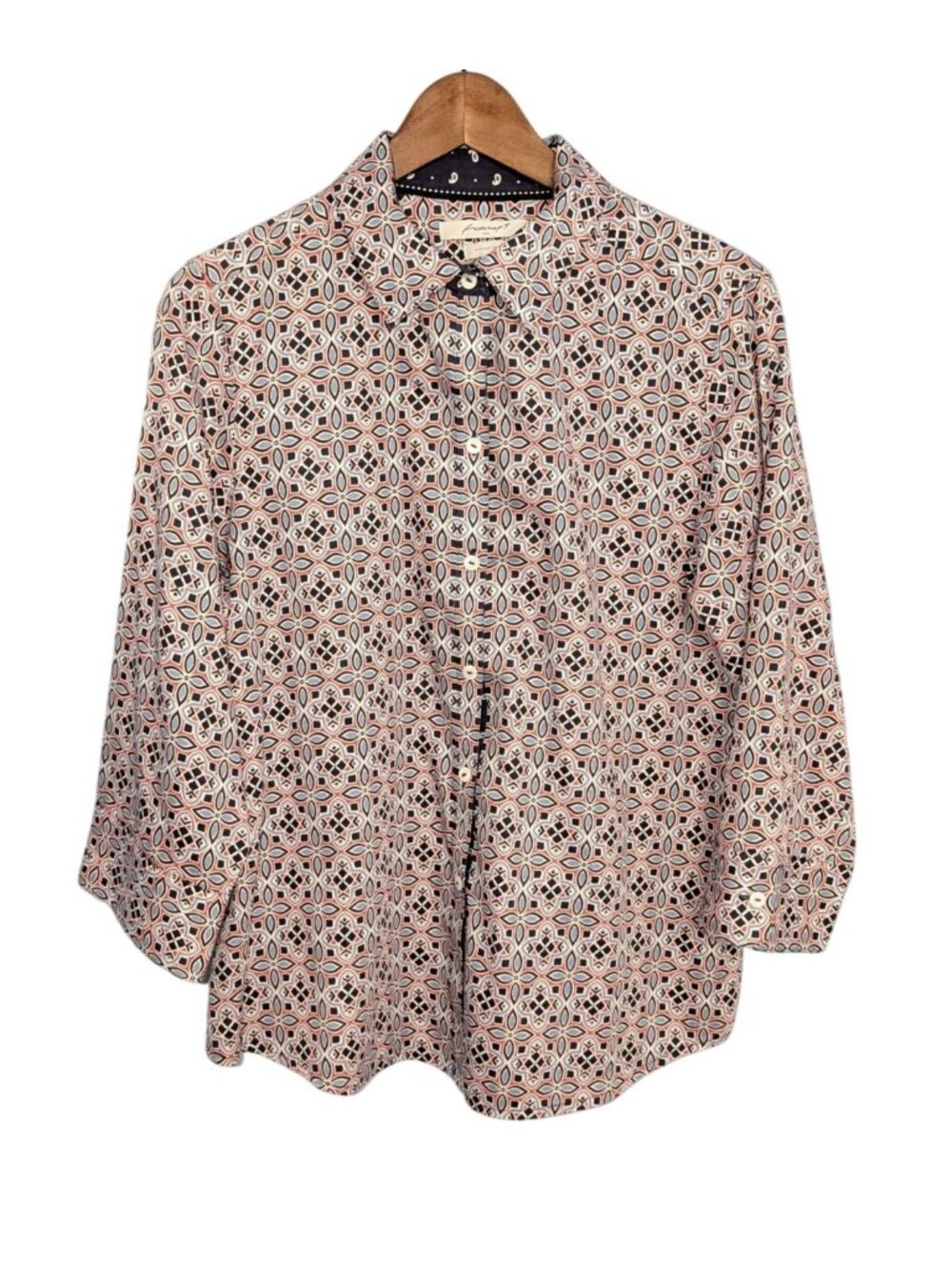 Foxcroft Womens Wrinkle-Free Button-Up Shirt Size 14 Geometric Print 3/4 Sleeves